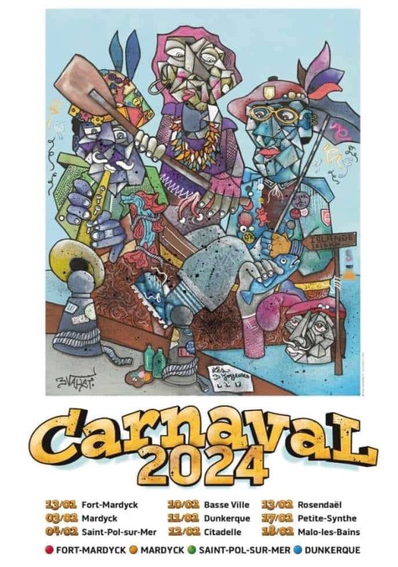 Affiche officielle du Carnaval de Dunkerque 2024, illustration de l'artiste Aket