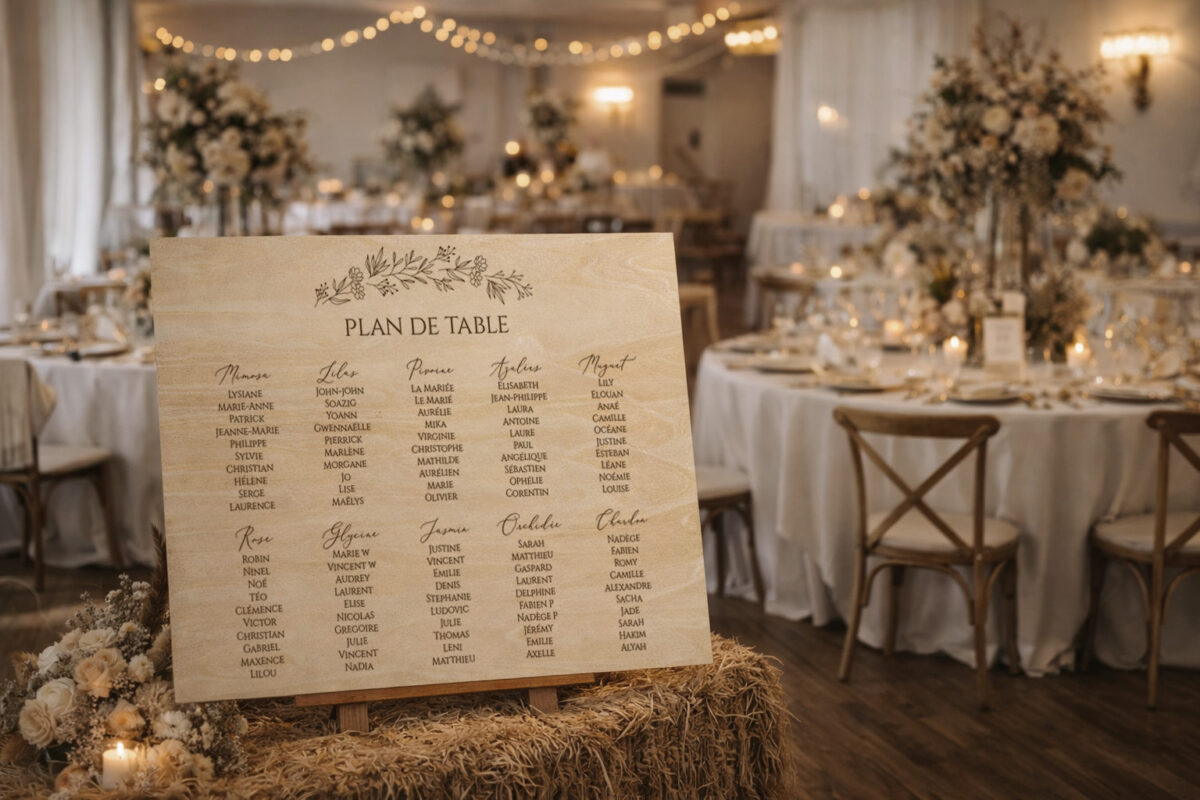 Panneau plan de table de réception en bois personnalisé pour mariage, indiquant le placement des invités avec un design élégant et artisanal.