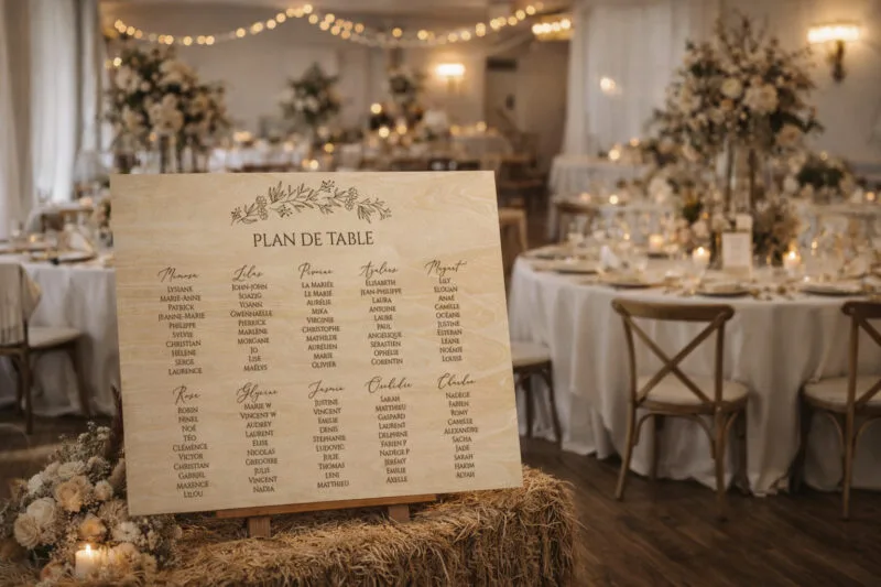 Panneau plan de table de réception en bois personnalisé pour mariage, indiquant le placement des invités avec un design élégant et artisanal.