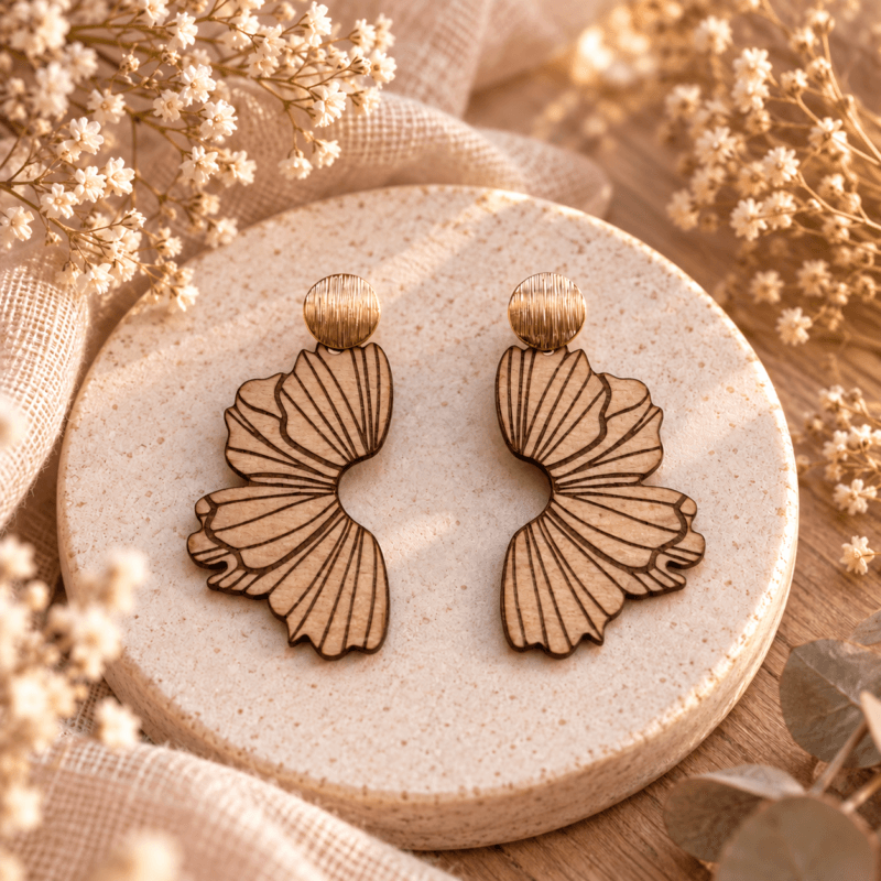Boucles d’oreilles en bois Flora – Demi-fleur & plaqué or 18 carats 2 boucles d’oreilles fleur en bois